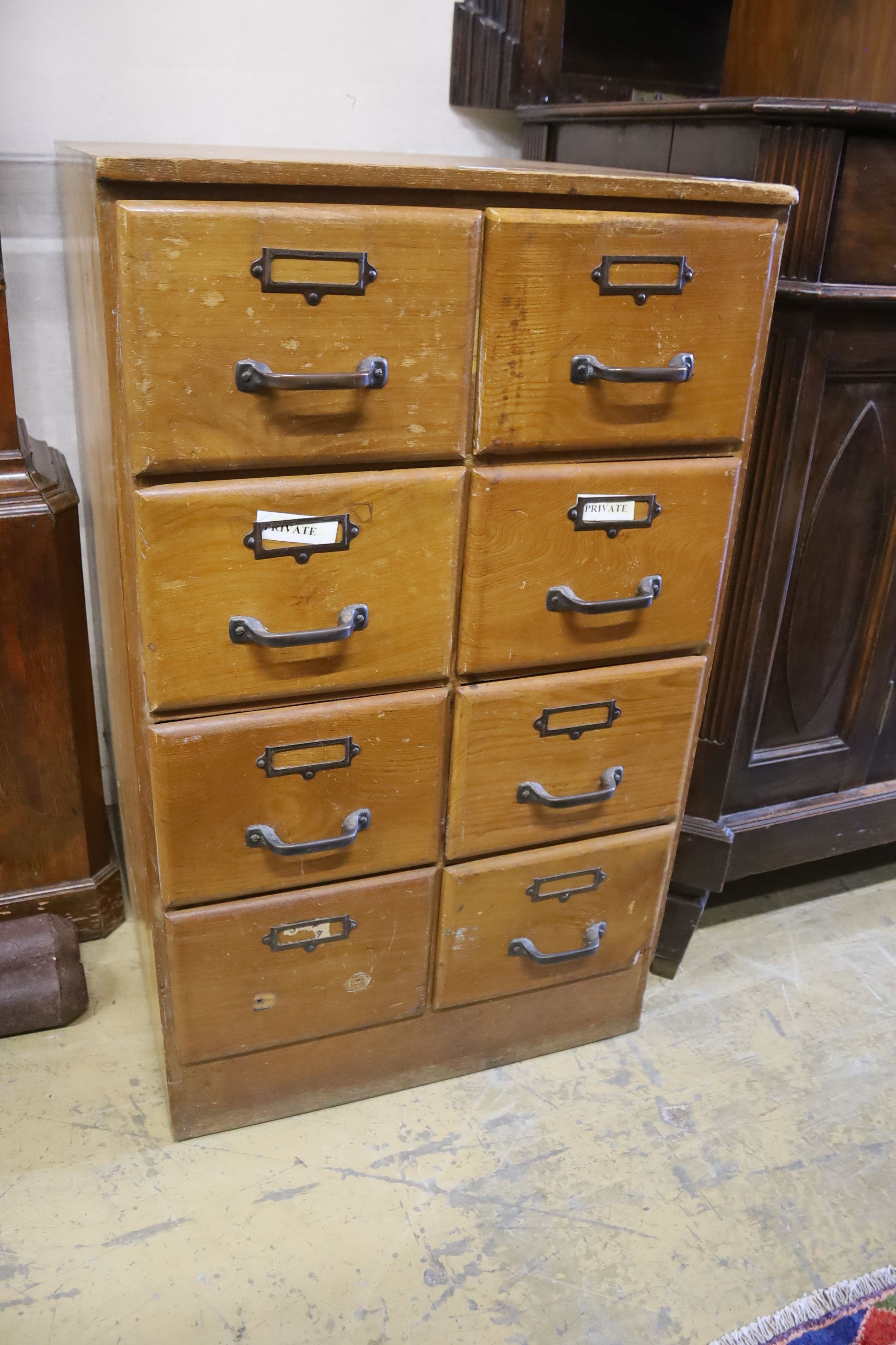 An early 20th century oak eight drawer small filing chest, width 54cm, depth 63cm, height 92cm